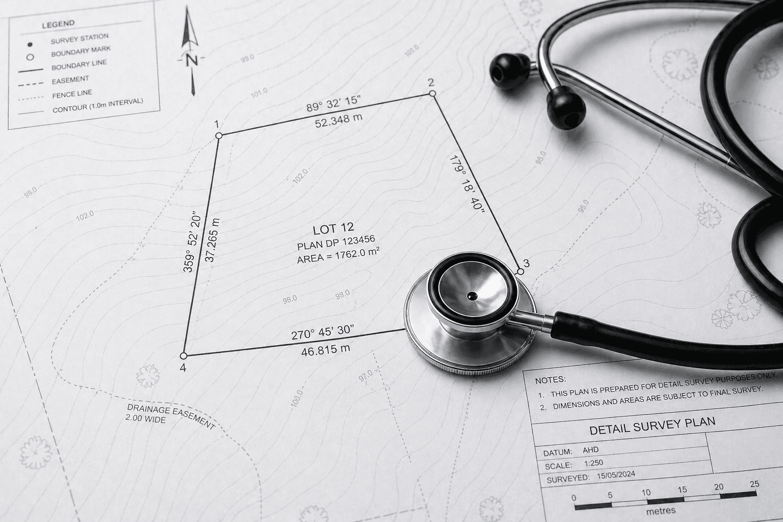 Detail survey plan with boundary lines and a stethoscope.